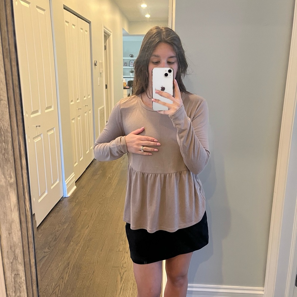 Tan Peplum Blouse with Pink Accents